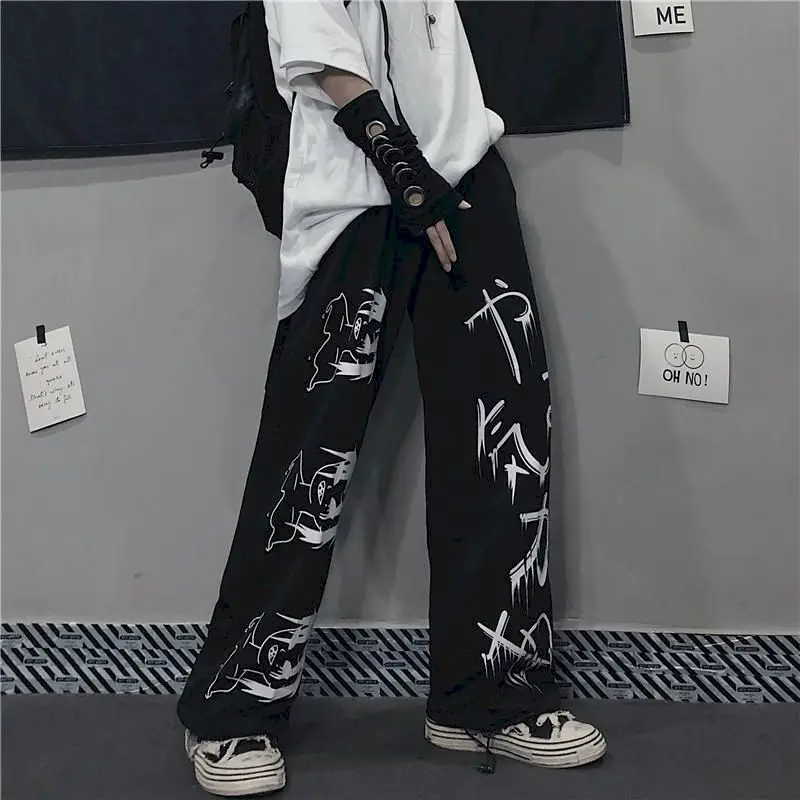 Pants Women Couple Clothes Japanese Anime Casual Trousers Wide-Leg Streetwear High-Waist