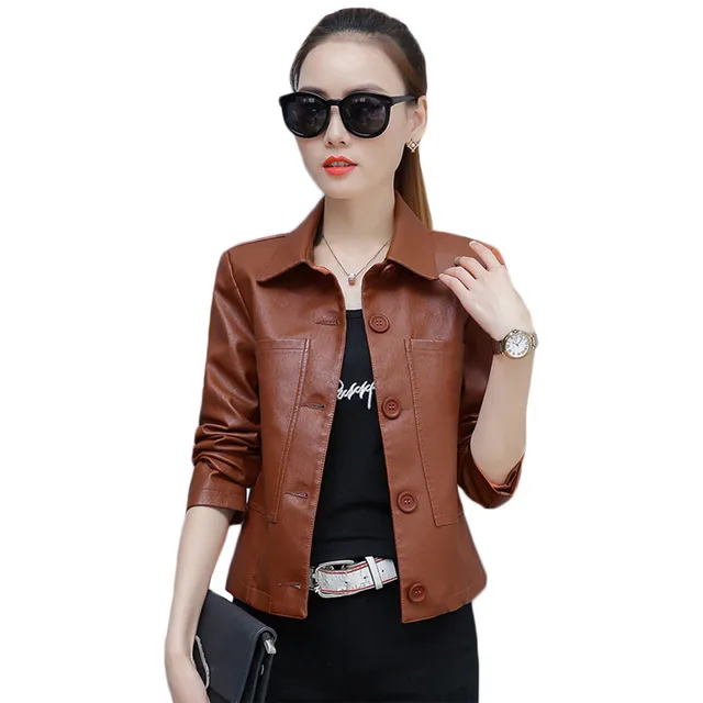 US $14.76 Leather Jacket Women Caramel 3XL 4XL Plus Size Short Slim PU Coat 2019 New Spring Autumn Korean Fas