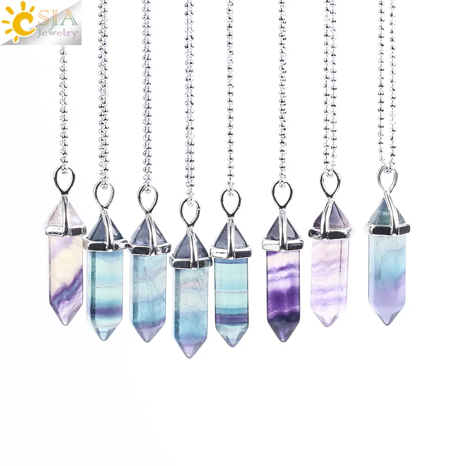 CSJA Fluorite Necklaces Crystal Pendants Suspension Natural Gem Stone Quartz Bullet Hexagonal Pendulum Reiki Chakra pendulo E546 - Image 2