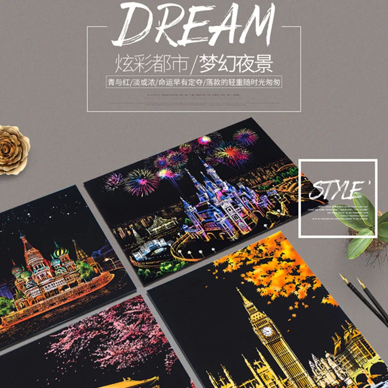 

Magic Colorful City Night View Scraping Painting Scratch Art Drawing Paper Adults Decompression Gift Kids Education Toys DIY