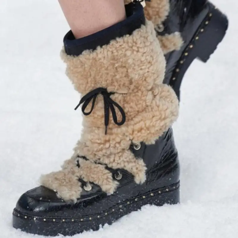 RIZABINA, Брендовые женские зимние сапоги, натуральная кожа, плюш, мех, теплые зимние сапоги до середины икры на плоской подошве, повседневная Дизайнерская обувь, размеры 34-43 - Цвет: camel