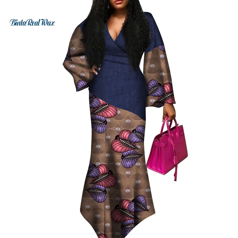 Сексуальные Платья с v-образным вырезом, африканская одежда, Дашики, африканские платья для женщин, Bazin Riche, пэчворк, принт, длинные платья WY3646 - Цвет: 16
