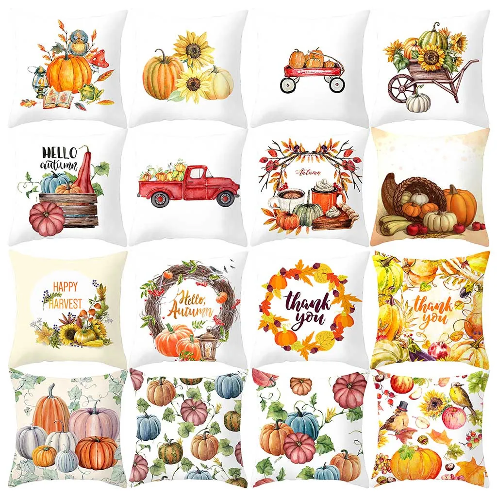 

.16 Styles Halloween Pumpkin Printed Fall Square Pillow Case Waist Throw Thanksgiving Decorative Pillowcase