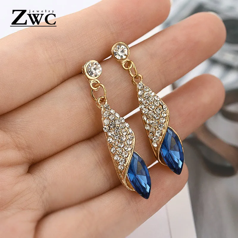 Blue ZWCX Модные Винтажные корейские разноцветные циркониевые Висячие серьги для женщин, девушек, Помолвочные вечерние серьги со стразами бижутерия - Окраска металла: Blue