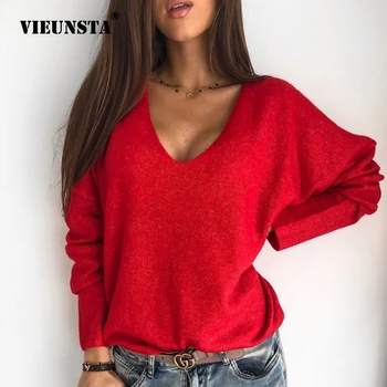 

VIEUNSTA 3XL Sexy Hollow Out V-neck Sweater Women Casual Long Sleeve Solid Pullover Female Autumn Knitted Tops Streetwear Jumper