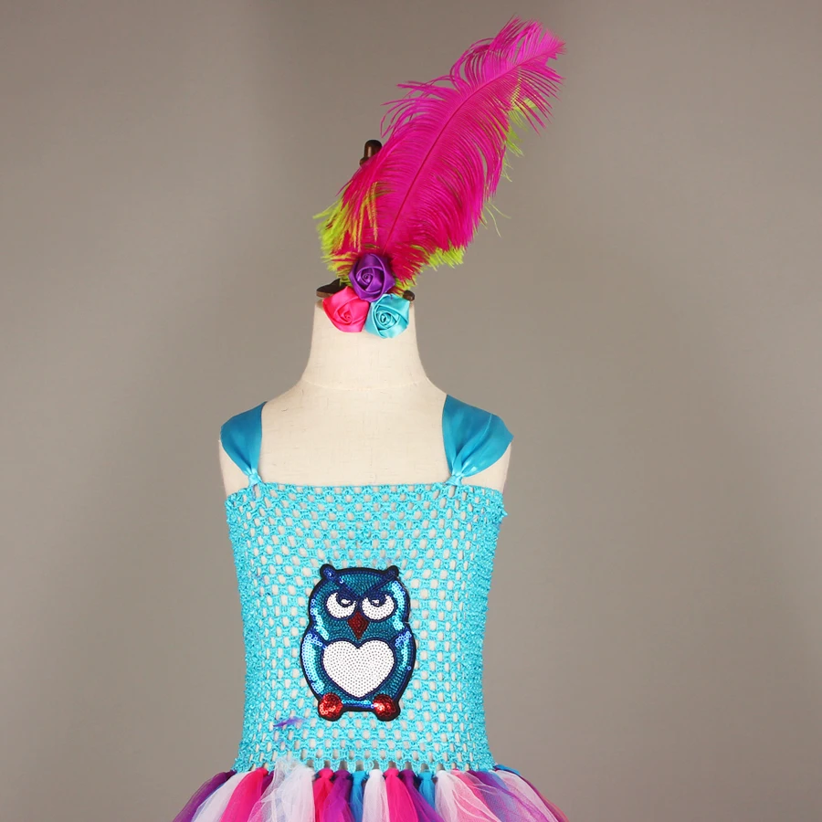 Fluffy Girls Blue Owl Gown Tutu Dress With Feather Hair Clip Children Birthday Party Pageant Animal Costume Kids Photo Dress (8)