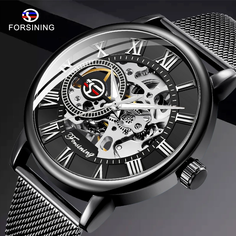 

FORSINING Fashion Casual Men Mechanical Watch Blue Mesh Strap Ultra Thin Skeleton Mens Watches Top Brand Luxury Clock