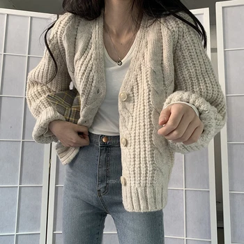 

Women Casual Solid Twist Cardigan Sweater Autumn Winter Long Sleeve Open Stitch Tops Elegant V Neck Warm Knitted Sweater Clothes
