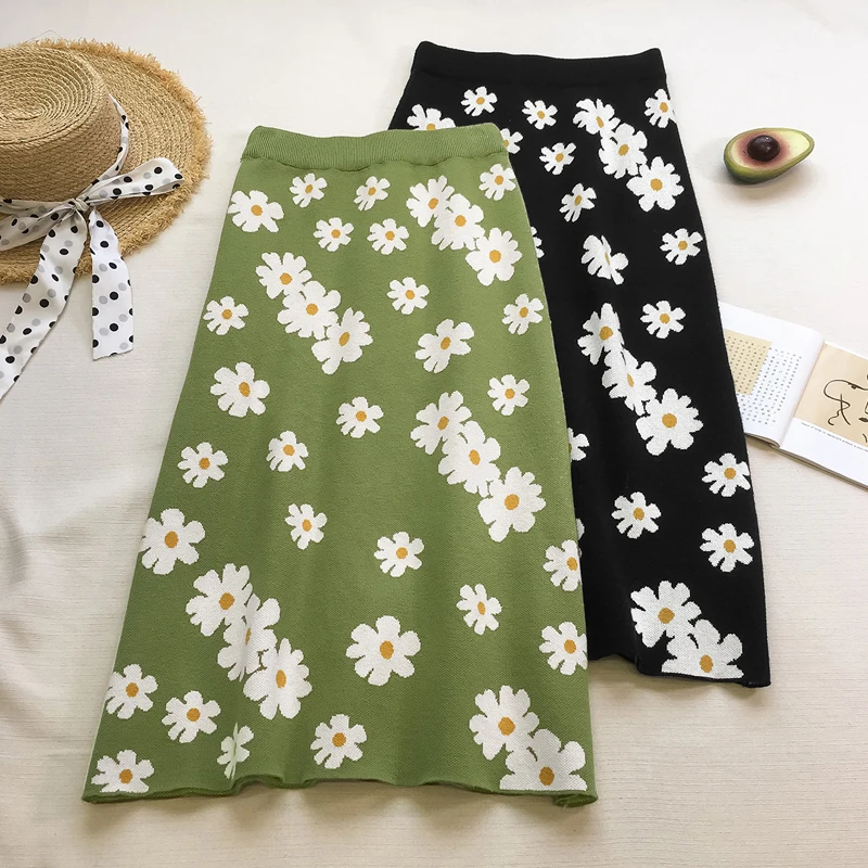 Women Skirts 2019 New Fall Fashion Knitted Floral Printed Skirt Womens Simple Leisure Green Black Skirt Elastic High Waist Skirt