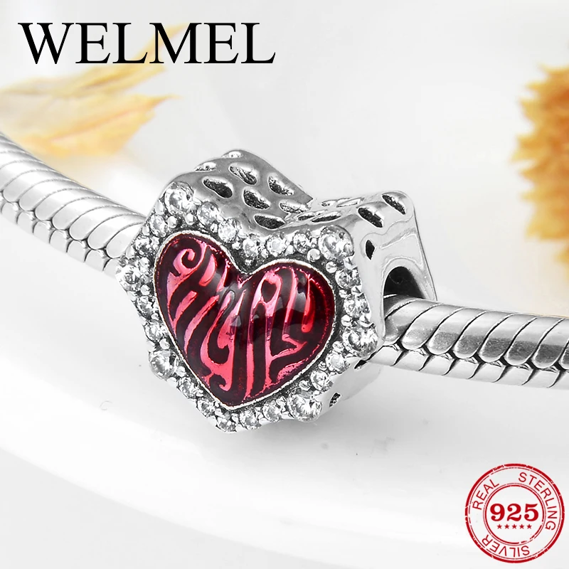 

New 925 Sterling Silver Sparkling CZ Red Enamel Heart Beads Fit Original Pandora Charm Bracelet Women Fine Jewelry making