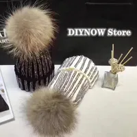 Women winter Beanie Fur ball Diamond Fashion warm knitted hat Shiny reflective beanie Outdoor warmth thick knitted hood 2022 1