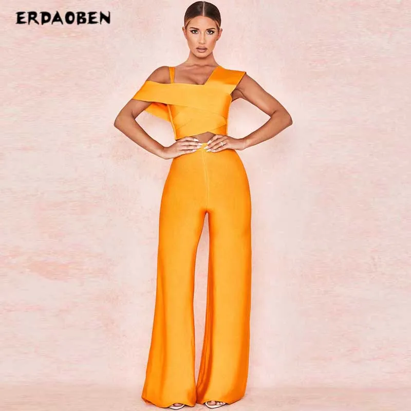 

ERDAOBEN Bandage Women Sets Blue Long Sleeve Crop Tops + Bodycon Flare Pants Two Piece Sets 2 Piece Sets Womens Outfits H8401