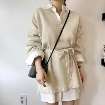 

Loose Knitted Oversize Pullover Sashes Women Sweater V Neck Knitted Sweater Belt Waist 2019 Autumn Winter Tops