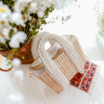 

Women's Bohemian Bag with Pearl Ladies Hand Bags Straw Basket Large Tote Crossbo2020 Hot Personality Casual All-Match