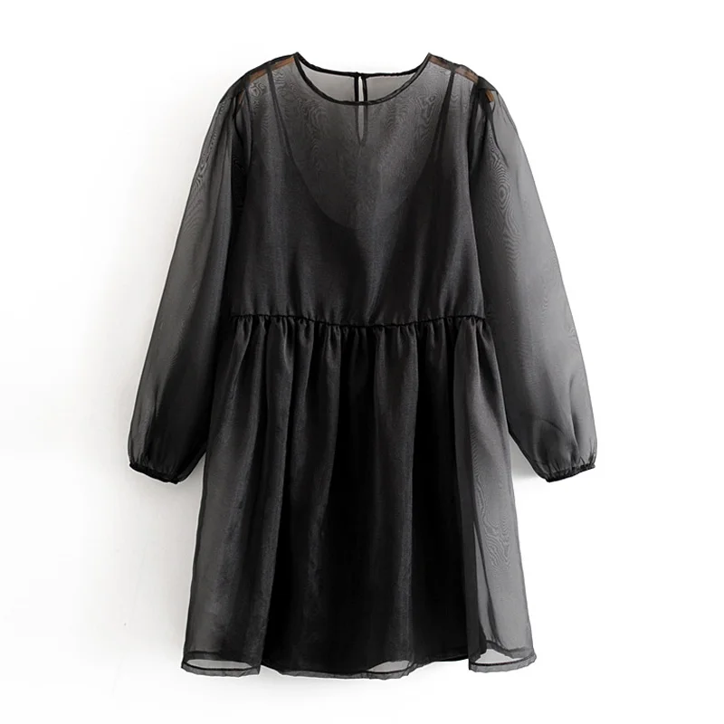 

AGong Perspective Organza Solid Dresses Women Fashion O Neck Dress Women Elegant Long Sleeve Mini Dresses Female Ladies LS