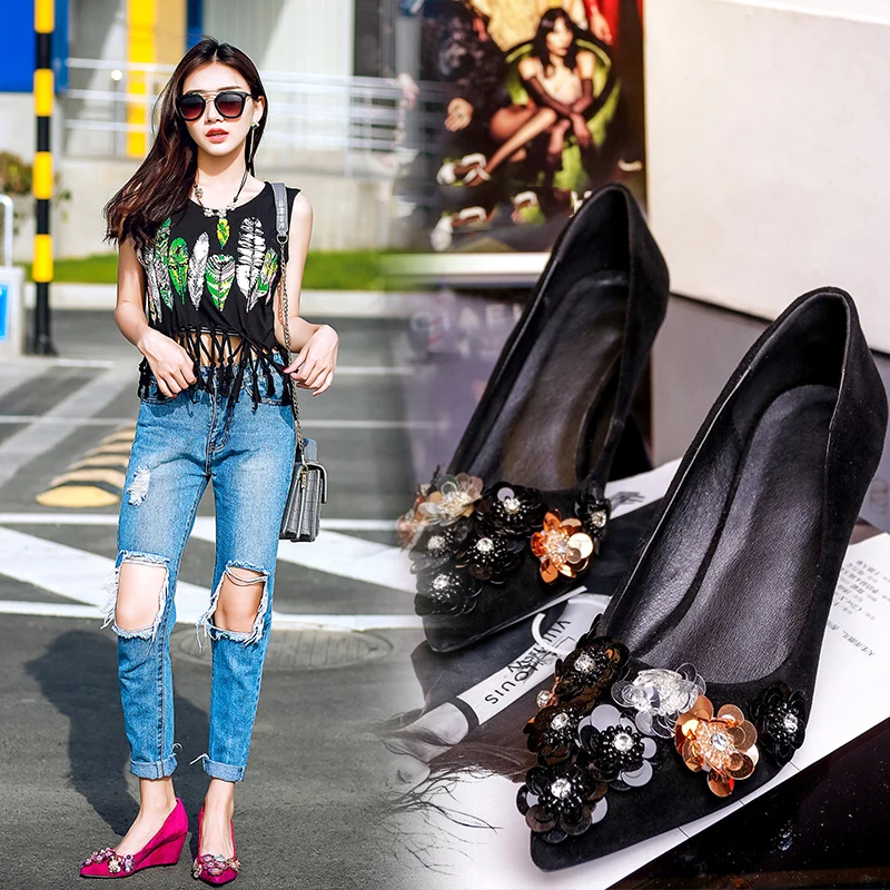 women Pumps Genuine Leather 22-24.5cm Sheep suede stitching Korean inside and outside Pointed flower wedge women shoes