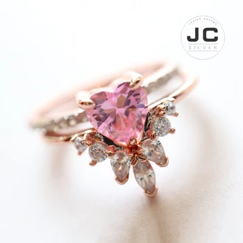 

New Fashion Charms Silver 925 Original Copy Female Jewelry,SWAn One Pink Crystal Love Double Layer Multi-Wearing Ring With Logo