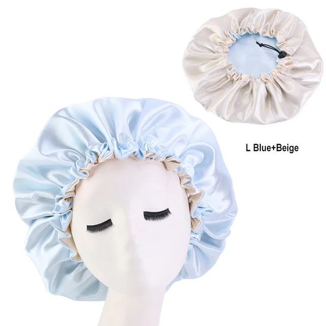 New Solid Women Satin Bonnet Fashion Stain Silky Big Bonnet for Lady Sleep Cap Headwrap Hat Hair Wrap Accessories Wholesale Adjust sky blue