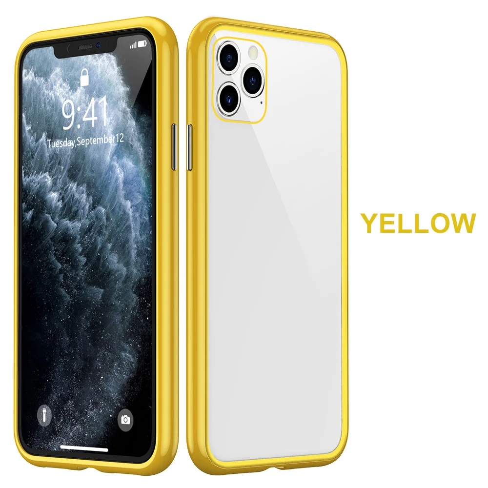 transparent yellow KISSCASE металлический магнитный чехол для iPhone X 7 8 7plus 8plus 11 Pro Max XR XS MAX чехол HD закаленное стекло магнит чехол для телефона крышка - Цвет: transparent yellow