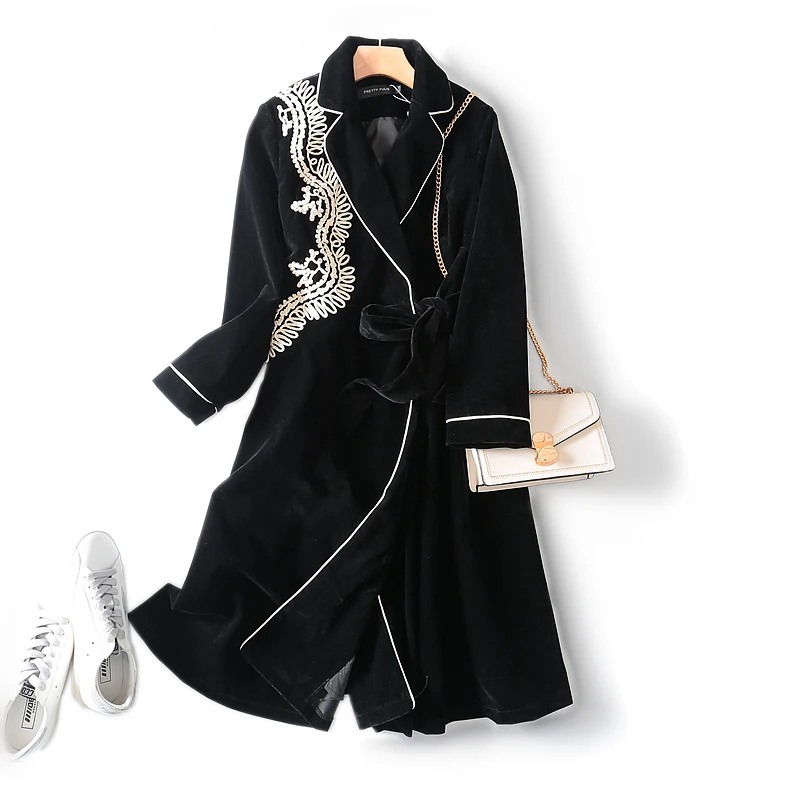 

High Quality Luxury Gold Velvet Jacquard Lace-up Waist Suit Collar Casual Long-sleeved Windbreaker Autumn And Winter Plus Size