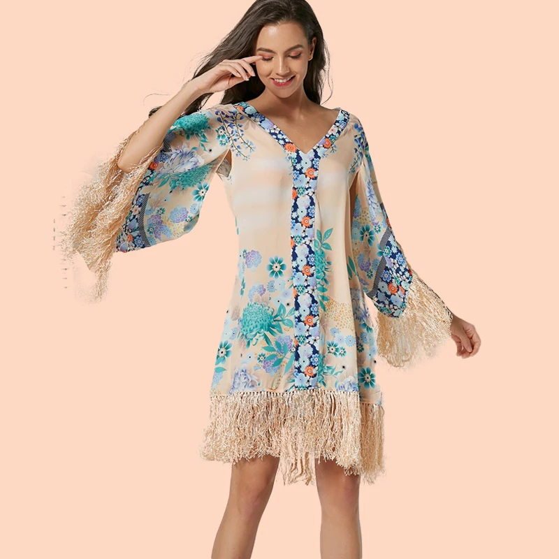 Богемное женское платье, элегантное, Vestidos, с кисточками, Прошитое,, модное, с принтом, мини, лето, Осень, пляжная одежда, женское платье