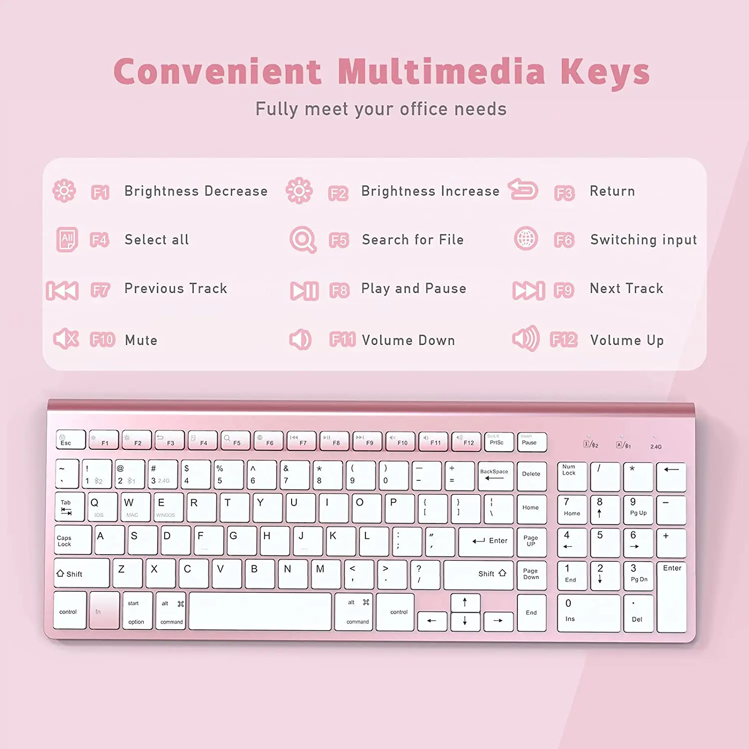 Wireless Bluetooth Keyboard, 2.4 GHz Connection Technology, Ergonomic Design, Suitable For PC Computers (Pink--Blue--Silver)。