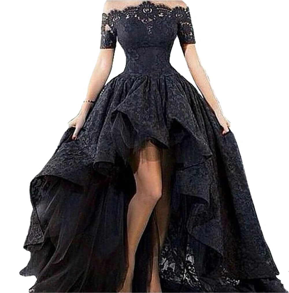 

Charming Off The Shoulder Lace A-line Black High Low Lace Long Prom Dresses 2020 Lace-Up Court Train Evening Party Dresses