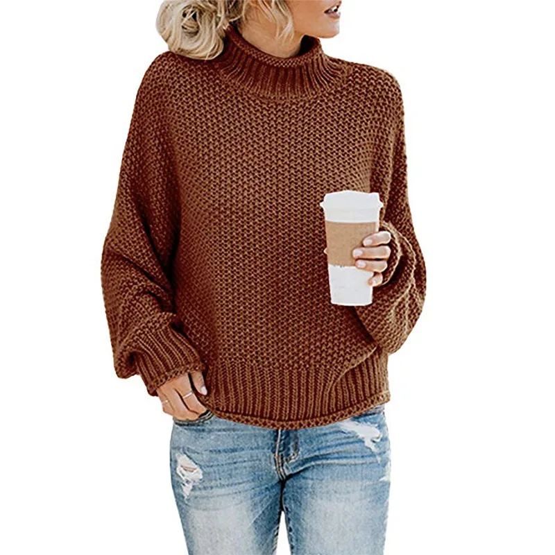 Свитер женская модная одежда осень зима теплый длинный рукав водолазка вязаный свитер женский большой размер Свободный пуловер Топы - Цвет: brick red MY6307