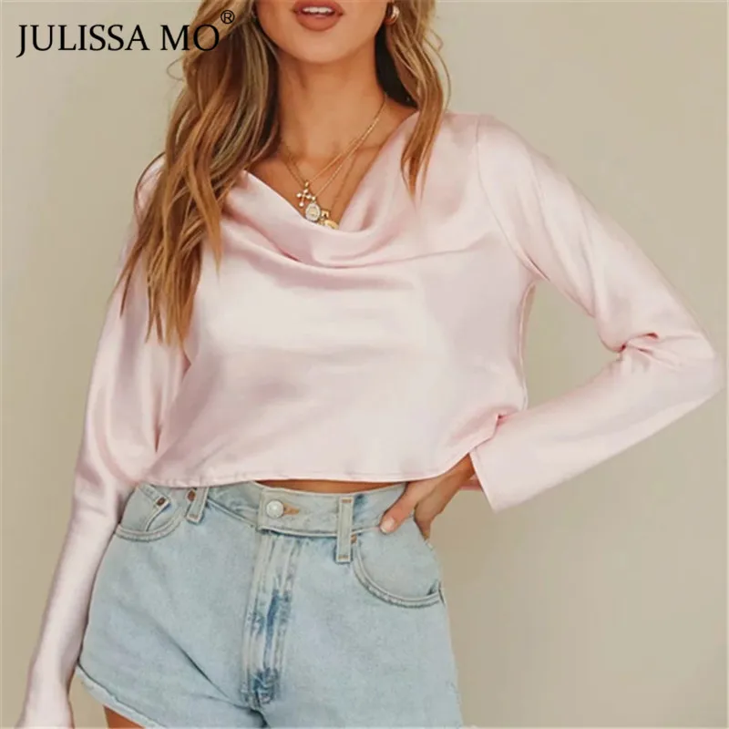 Julissa mo Сатиновые сексуальные короткие футболки с v-образным вырезом женские осенние повседневные футболки с длинным рукавом розовая женская уличная одежда Harajuku топы футболки