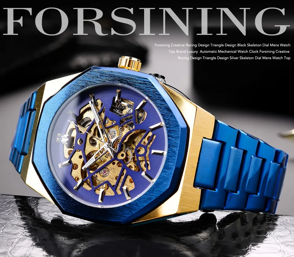 Forsining механические мужские часы модные автоматические мужские часы синий нержавеющая сталь Водонепроницаемый бизнес Скелет Erkek коль Saati