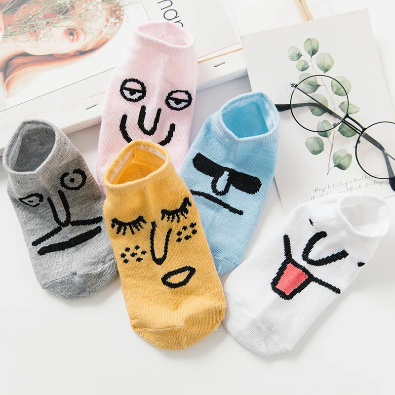 5 Pairs/lot Women Leopard Spring Sesame Street Cute Ankle Socks Cute Funny Lips Print Boat Short Sox Invisible Lady Girl Summer