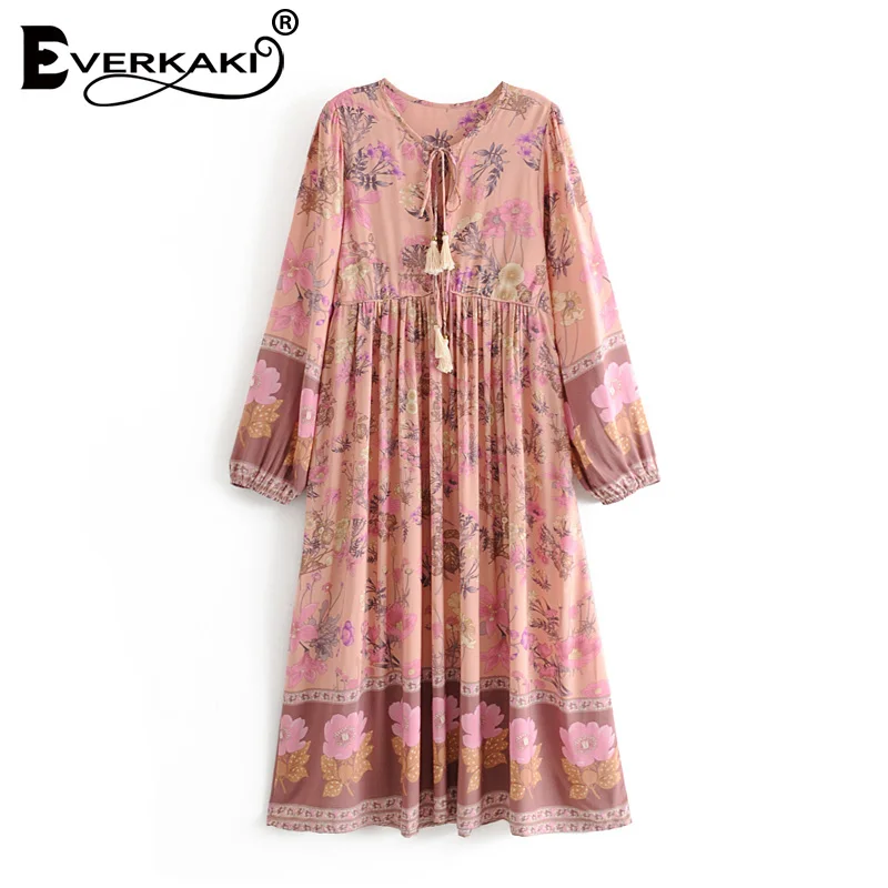 Pink Everkaki Boho Цветочный принт женские макси платья свободные кисточки шеи завязываются с длинным рукавом в богемном стиле длинное платье женское осень новое - Цвет: Pink