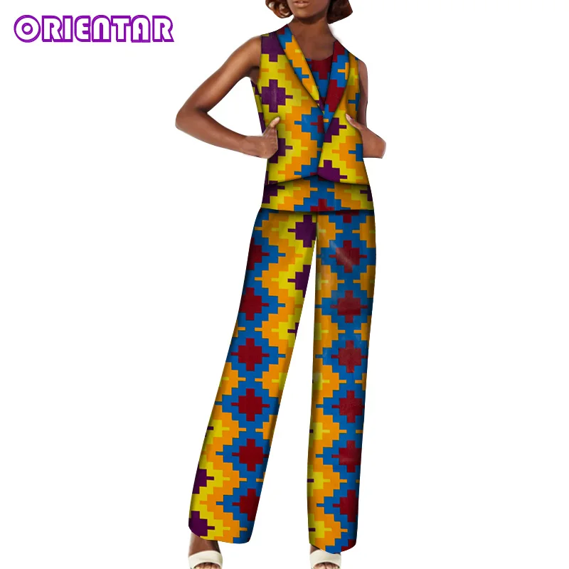 Африканский комплект штанов женские модные африканские костюмы Африканский принт хлопок без рукавов топ и брюки Базен Riche африканская одежда WY6052 - Цвет: 16