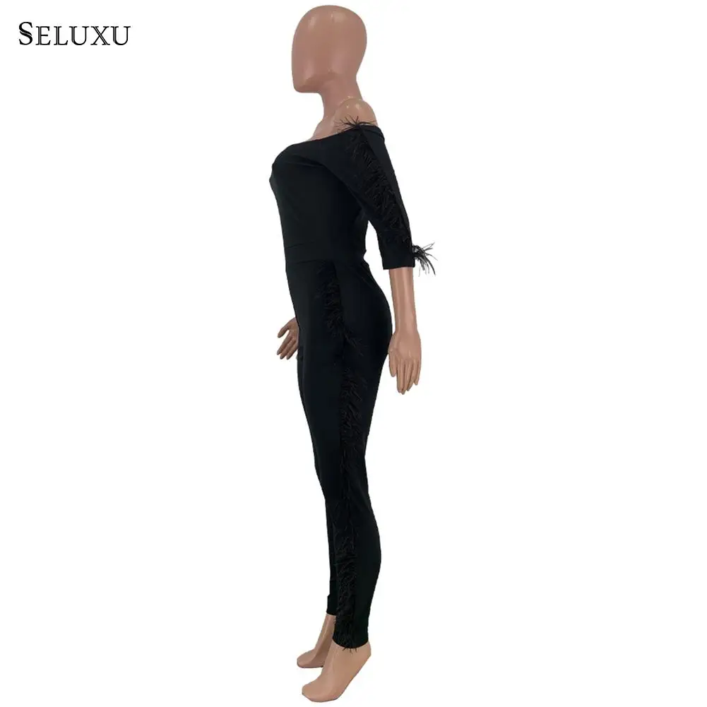 Seluxu, сексуальный комбинезон, женский, модный, Одноцветный, боди, на одно плечо, с рюшами, кружева, длинные штаны, комбинезон, праздничная Клубная одежда