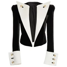 HIGH STREET Newest Stylish Designer Jacket Women's Lion Buttons Color Block Patchwork Velvet Short Blazer