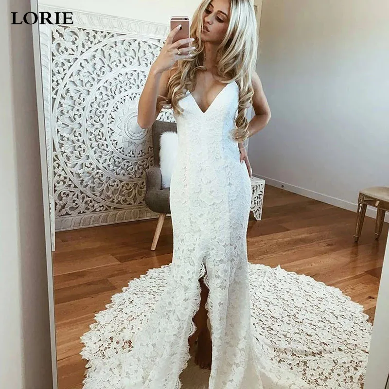 LORIE кружевное свадебное платье русалки с разрезом спереди, свадебные платья с v-образным вырезом и романтическими пуговицами