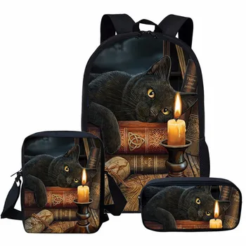 

3PCS/SET Black Cat Print School Backpack for Teenage Girls Cute Student Kids Schoolbag Children Pencil Bag Mini Messenger