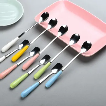 

6pcs/Lot Ceramic Personality Mark Coffee Milk Cup Long Handle Mixing Spoon Colorful Handle Stainless Steel Spoon Korean Creative