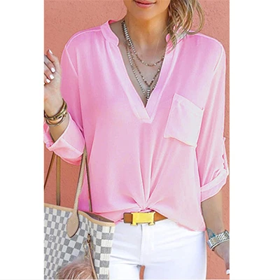 Весна осень женская шифоновая рубашка с v-образным вырезом однотонная Повседневная рубашка с длинным рукавом офисные женские блузки модные уличные Топы S-5XL - Цвет: Rose