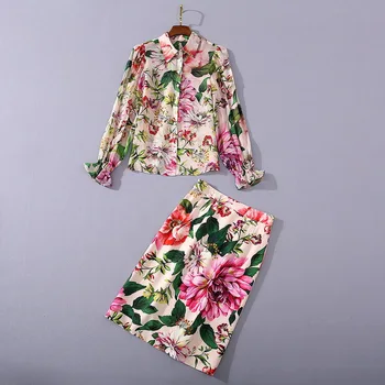 

European and American women's wear 2020 summer new style Silk shirt long sleeves and lapels Peony printed skirt Fashion suits