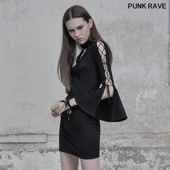 

Gothic Hollow Out Breathable sexy Mini Dress fashion V Collar Roping Flare Sleeve Women slim Tight Dress PUNK RAVE OPQ-403LQF