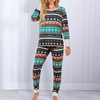 

Christmas Women Pajamas Set Cotton Sleepwear Long Lattice Pants Xmas Print T-shirt Pyjamas Women Clothes Winter Pijamas Full