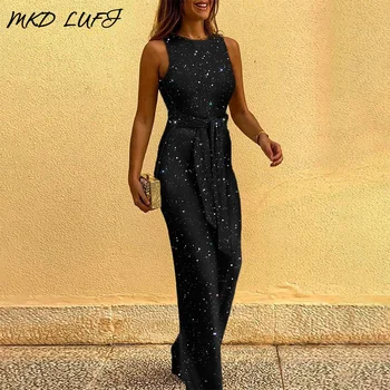 

Glitter Round Neck Sleeveless Wide Leg Jumpsuit Sexy Backless Rompers Womens Jumpsuit One Piece Overalls Clubwear