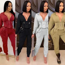 Sexy Women Tracksuit Zipper Hooded Pullover Pants Sets Slim Two-piece Sets Nightclub Suit Se230