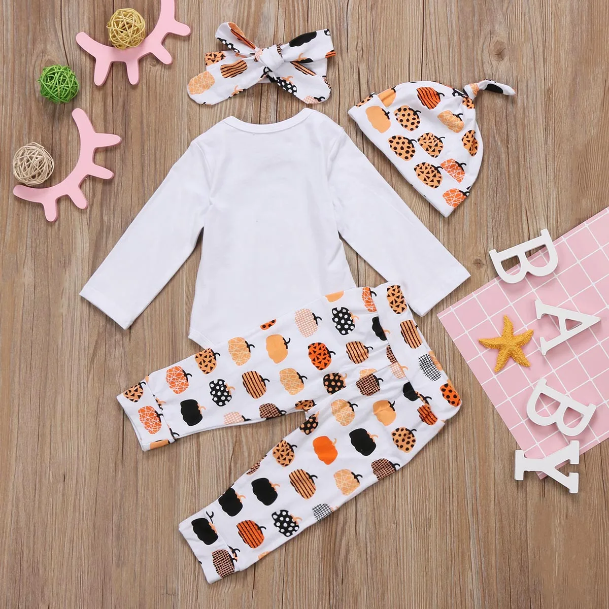 Newborn Baby Halloween Costume Clothes Infant Girls Boys Letter Long Sleeve Romper+Print Pants+Hat+Headband 4pcs Toddler Outfit