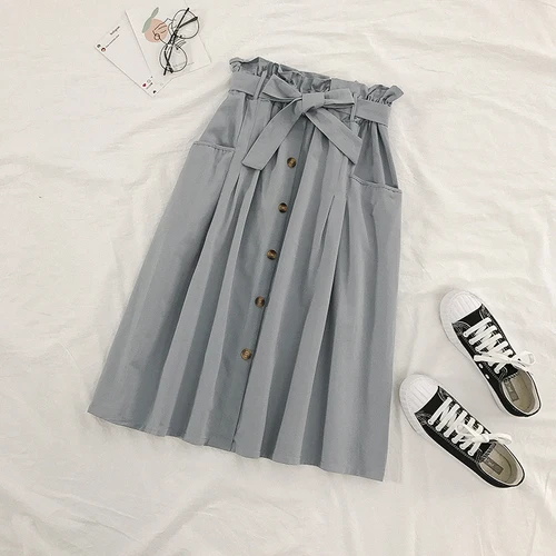 Gray-blue Neploe Ins, приталенная юбка трапециевидной формы со шнуровкой и бантом, осенне-Весенняя Однотонная юбка с высокой талией на бедрах, Женская юбка с карманами и эластичной резинкой на талии - Цвет: Gray-blue