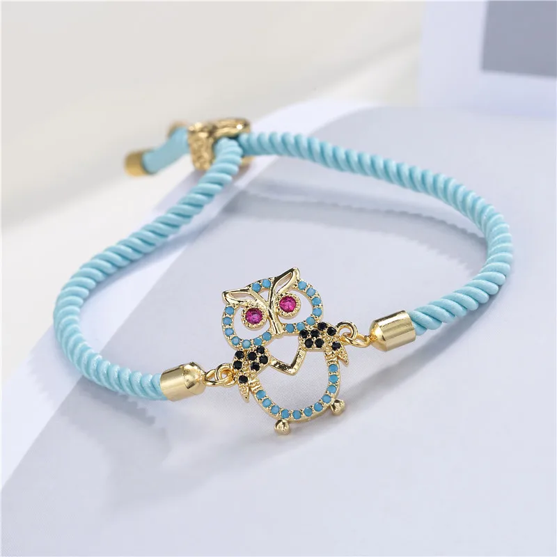 NEWBUY Trendy Blue Color Rope Life Tree Bracelet Cubic Zirconia Inlay Gold Color Owl Charm Bracelets For Women Girl Dropship