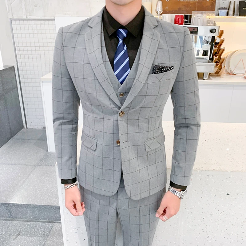 Classic Men Plaid Suits Slim Design Men Business Suit New Fashion Suit Men 3Piece Set Size 5XL Men Blazer Jacket + Pant + Vest