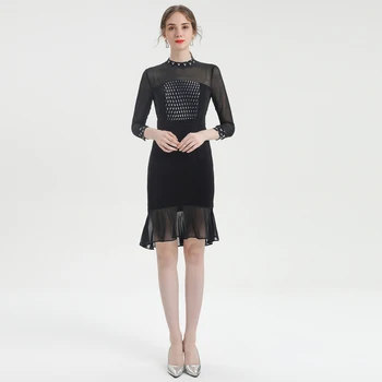 

Xiaomoli Temperament 7-sleeve printed mesh panel fit fishtail dress new in autumn 2019