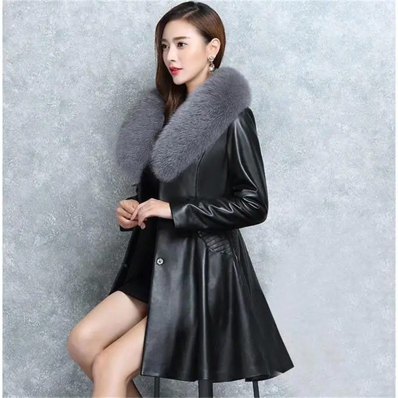 4XL осенне-зимняя куртка из искусственной кожи женское пальто теплый толстый Повседневный из кожзаменителя куртка Женский меховой воротник плюс размер куртка Q1809 - Цвет: Black